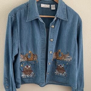 Christopher & Banks denim button down shirt w/Noah’s Arc embroidered | size L